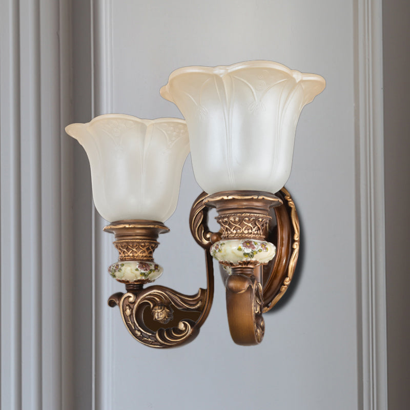 1/2-Light Wall Sconce with Floral Shade Cream Glass Traditional Bedroom Wall Mounted Lamp in Brown Clearhalo 'Wall Lamps & Sconces' 'Wall Lights' Lighting' 1220707