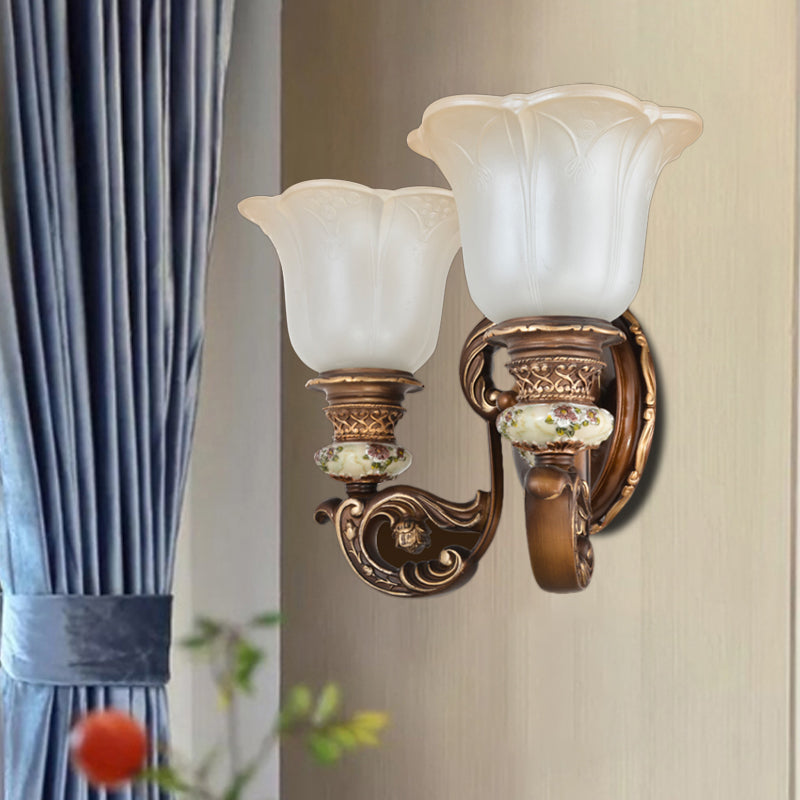 1/2-Light Wall Sconce with Floral Shade Cream Glass Traditional Bedroom Wall Mounted Lamp in Brown Clearhalo 'Wall Lamps & Sconces' 'Wall Lights' Lighting' 1220708