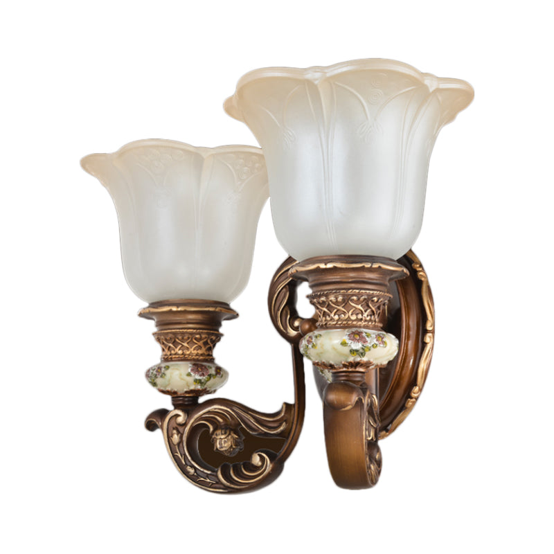 1/2-Light Wall Sconce with Floral Shade Cream Glass Traditional Bedroom Wall Mounted Lamp in Brown Clearhalo 'Wall Lamps & Sconces' 'Wall Lights' Lighting' 1220709