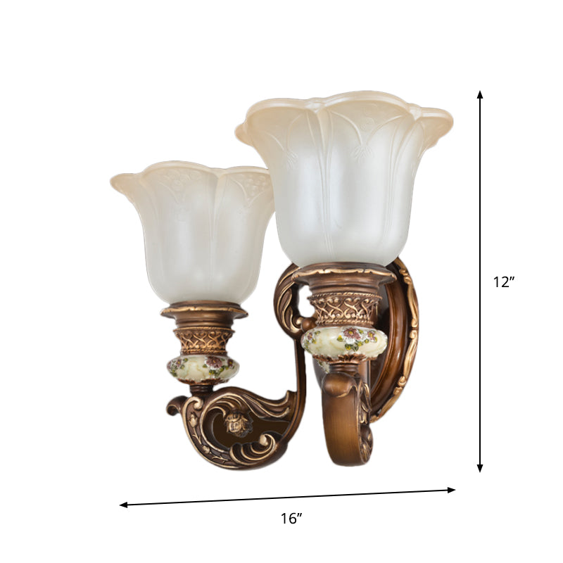 1/2-Light Wall Sconce with Floral Shade Cream Glass Traditional Bedroom Wall Mounted Lamp in Brown Clearhalo 'Wall Lamps & Sconces' 'Wall Lights' Lighting' 1220710