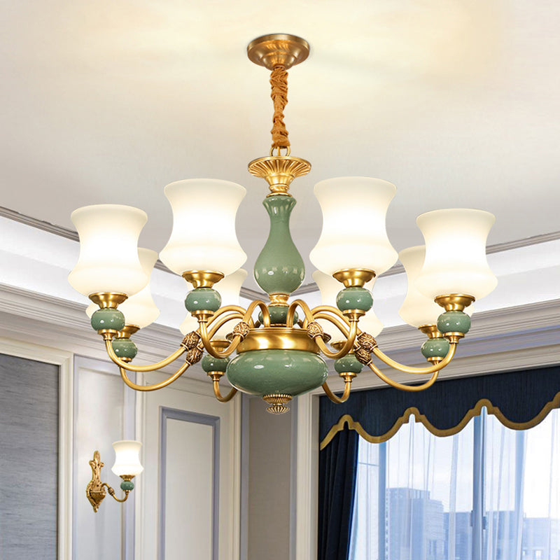 6/8 Bulbs Metallic Chandelier Light Vintage Gold Swooping Arm Guest Room Ceiling Suspension Lamp with Opal Glass Shade 8 Gold Clearhalo 'Ceiling Lights' 'Chandeliers' Lighting' options 1220743_15b9a08c-4b76-4c7e-980c-d1af055f7475