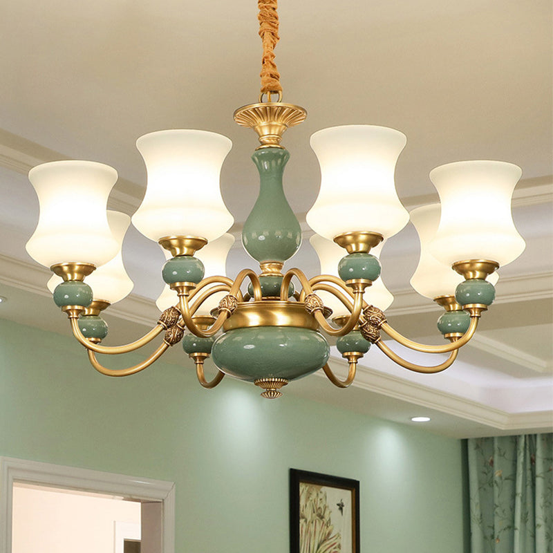 6/8 Bulbs Metallic Chandelier Light Vintage Gold Swooping Arm Guest Room Ceiling Suspension Lamp with Opal Glass Shade Clearhalo 'Ceiling Lights' 'Chandeliers' Lighting' options 1220744