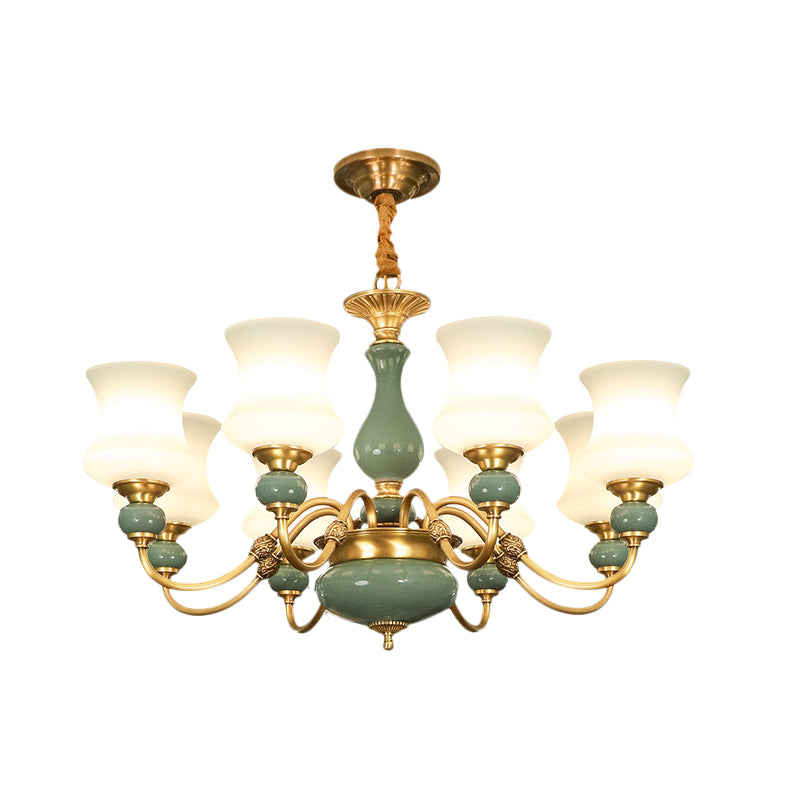 6/8 Bulbs Metallic Chandelier Light Vintage Gold Swooping Arm Guest Room Ceiling Suspension Lamp with Opal Glass Shade Clearhalo 'Ceiling Lights' 'Chandeliers' Lighting' options 1220745