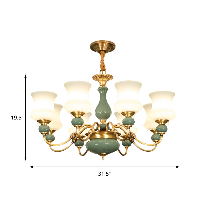 6/8 Bulbs Metallic Chandelier Light Vintage Gold Swooping Arm Guest Room Ceiling Suspension Lamp with Opal Glass Shade Clearhalo 'Ceiling Lights' 'Chandeliers' Lighting' options 1220746