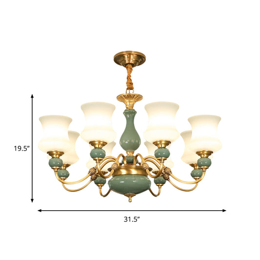 6/8 Bulbs Metallic Chandelier Light Vintage Gold Swooping Arm Guest Room Ceiling Suspension Lamp with Opal Glass Shade Clearhalo 'Ceiling Lights' 'Chandeliers' Lighting' options 1220746