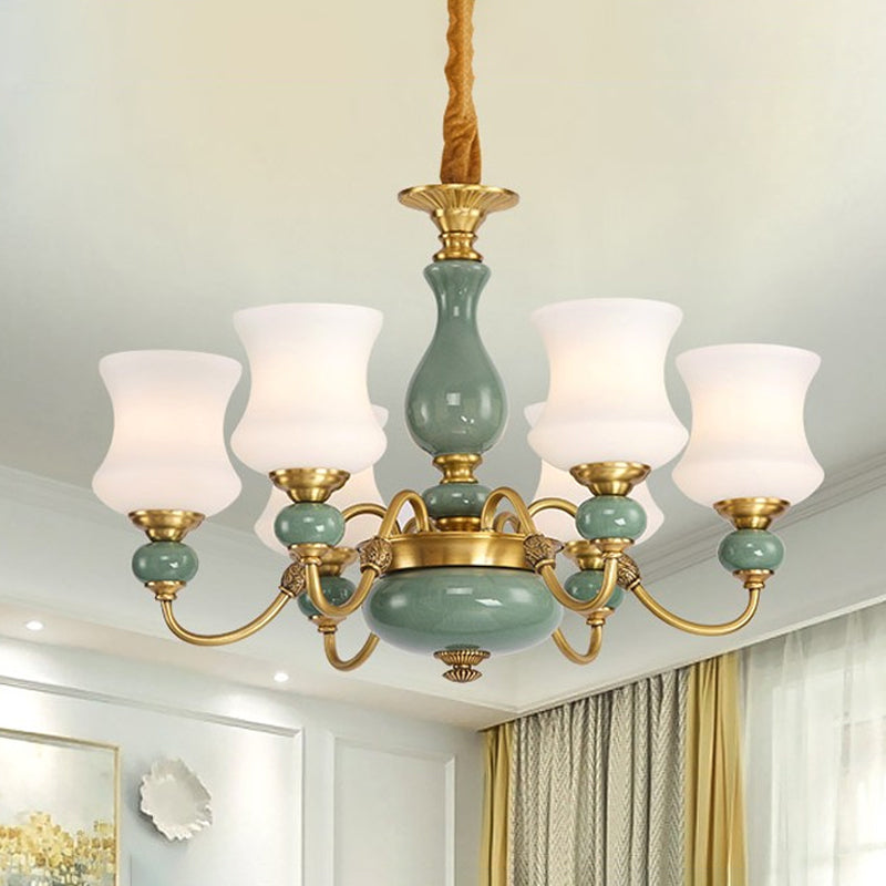 6/8 Bulbs Metallic Chandelier Light Vintage Gold Swooping Arm Guest Room Ceiling Suspension Lamp with Opal Glass Shade Clearhalo 'Ceiling Lights' 'Chandeliers' Lighting' options 1220747