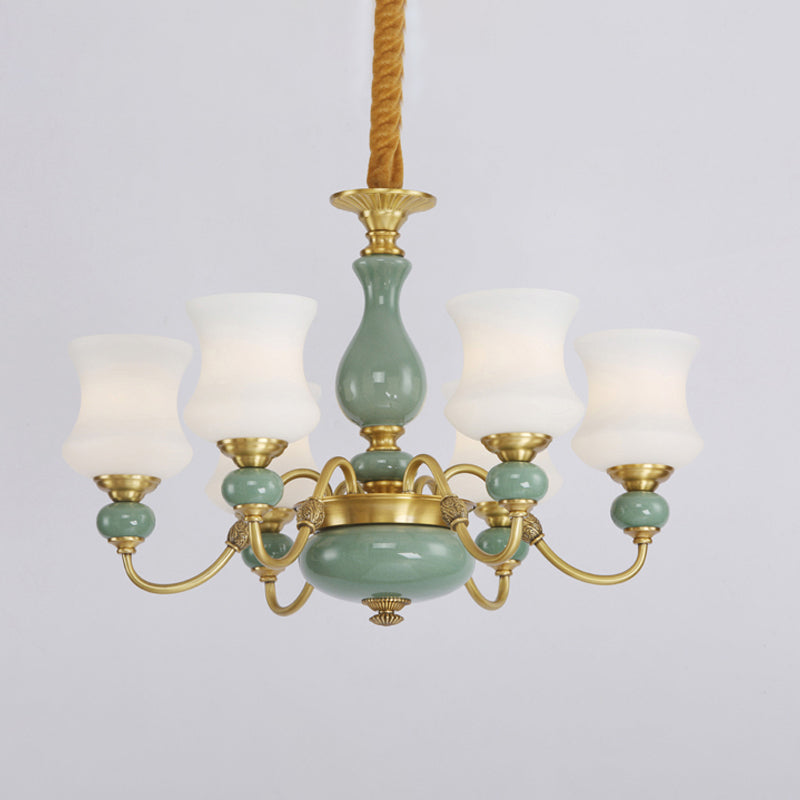 6/8 Bulbs Metallic Chandelier Light Vintage Gold Swooping Arm Guest Room Ceiling Suspension Lamp with Opal Glass Shade Clearhalo 'Ceiling Lights' 'Chandeliers' Lighting' options 1220750