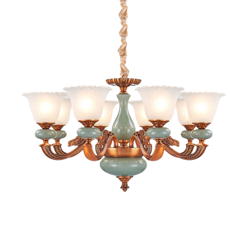 Vintage Style Floral Shaped Pendant Chandelier 6/8-Bulb Cream Glass Suspension Lighting in Brown Clearhalo 'Ceiling Lights' 'Chandeliers' Lighting' options 1220754