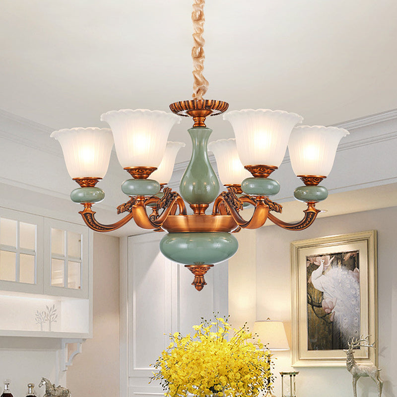 Vintage Style Floral Shaped Pendant Chandelier 6/8-Bulb Cream Glass Suspension Lighting in Brown Clearhalo 'Ceiling Lights' 'Chandeliers' Lighting' options 1220756