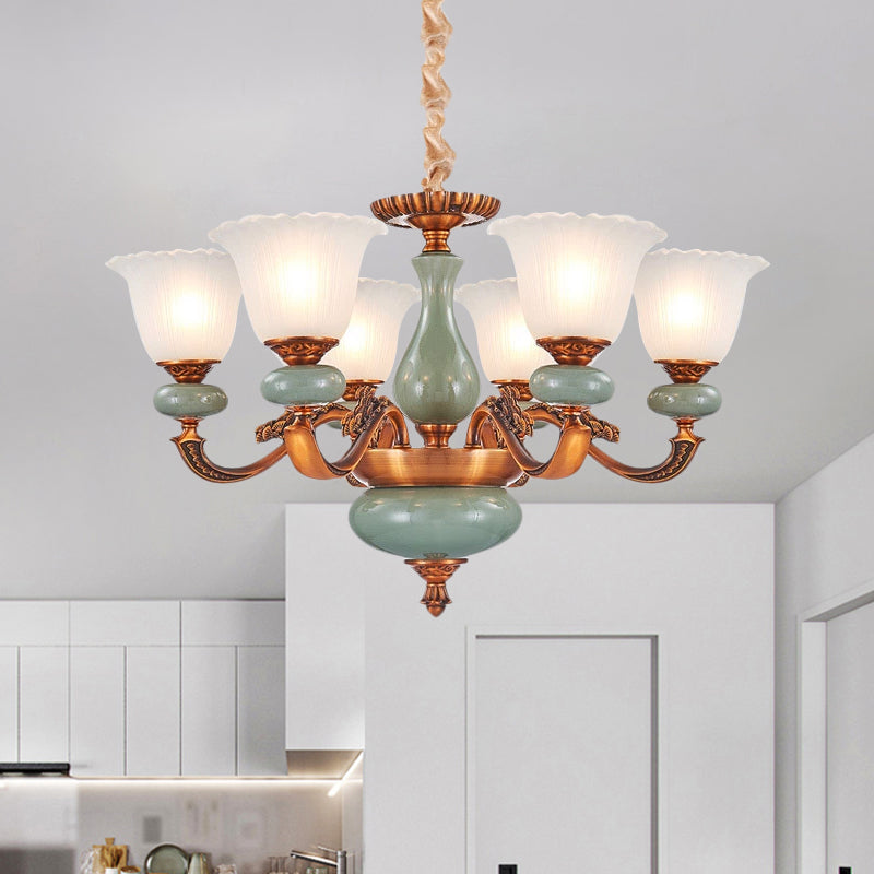 Vintage Style Floral Shaped Pendant Chandelier 6/8-Bulb Cream Glass Suspension Lighting in Brown Clearhalo 'Ceiling Lights' 'Chandeliers' Lighting' options 1220757