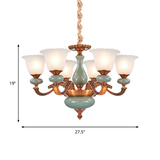 Vintage Style Floral Shaped Pendant Chandelier 6/8-Bulb Cream Glass Suspension Lighting in Brown Clearhalo 'Ceiling Lights' 'Chandeliers' Lighting' options 1220760