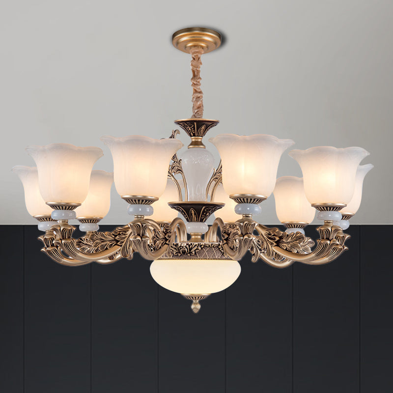 Metallic Gold Hanging Chandelier Swooping Arm 6/8/10 Heads Antiqued Style Ceiling Pendant with Floral Shade Clearhalo 'Ceiling Lights' 'Chandeliers' Lighting' options 1220774