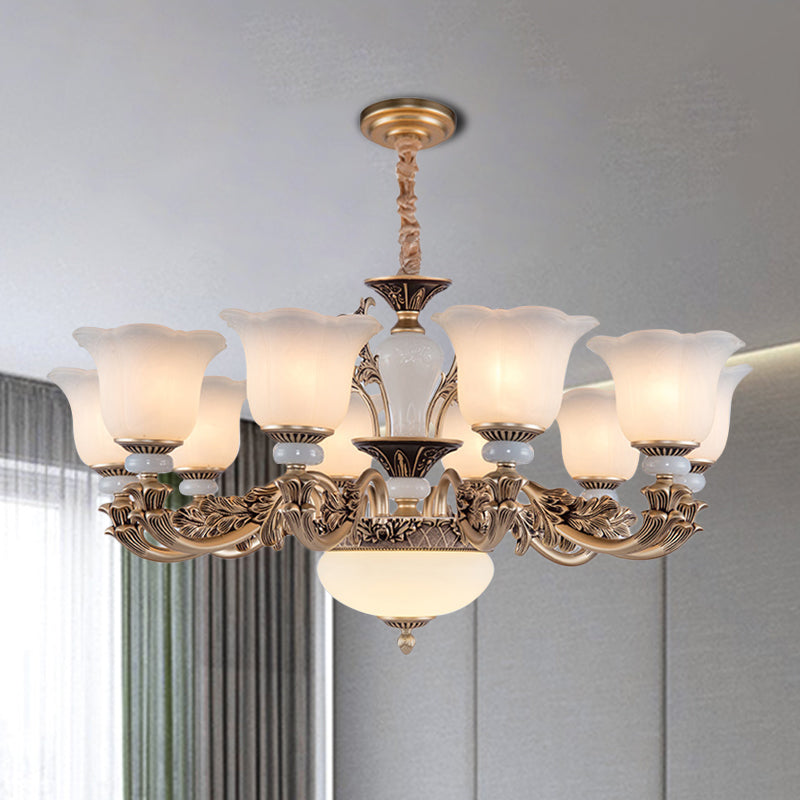 Metallic Gold Hanging Chandelier Swooping Arm 6/8/10 Heads Antiqued Style Ceiling Pendant with Floral Shade Clearhalo 'Ceiling Lights' 'Chandeliers' Lighting' options 1220775