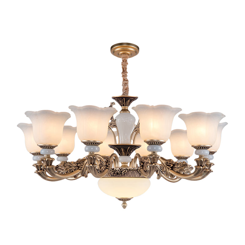 Metallic Gold Hanging Chandelier Swooping Arm 6/8/10 Heads Antiqued Style Ceiling Pendant with Floral Shade Clearhalo 'Ceiling Lights' 'Chandeliers' Lighting' options 1220776