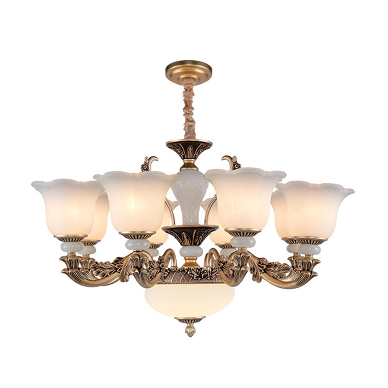 Metallic Gold Hanging Chandelier Swooping Arm 6/8/10 Heads Antiqued Style Ceiling Pendant with Floral Shade Clearhalo 'Ceiling Lights' 'Chandeliers' Lighting' options 1220780