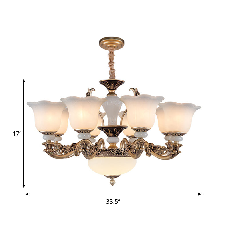 Metallic Gold Hanging Chandelier Swooping Arm 6/8/10 Heads Antiqued Style Ceiling Pendant with Floral Shade Clearhalo 'Ceiling Lights' 'Chandeliers' Lighting' options 1220782