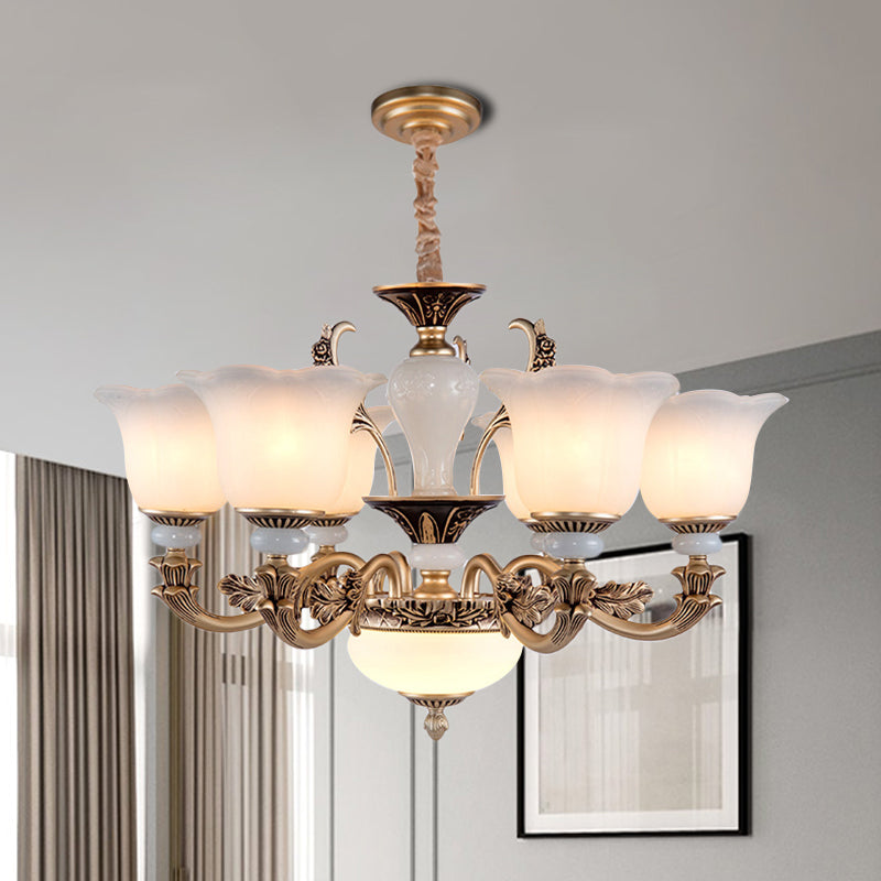 Metallic Gold Hanging Chandelier Swooping Arm 6/8/10 Heads Antiqued Style Ceiling Pendant with Floral Shade Clearhalo 'Ceiling Lights' 'Chandeliers' Lighting' options 1220784