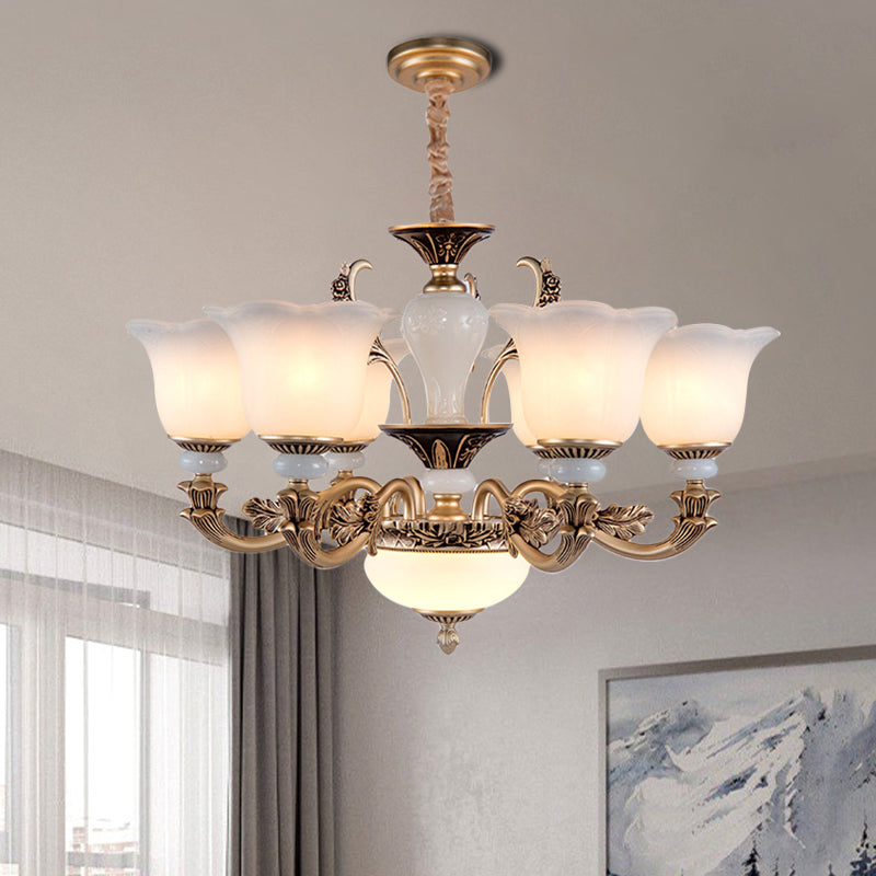 Metallic Gold Hanging Chandelier Swooping Arm 6/8/10 Heads Antiqued Style Ceiling Pendant with Floral Shade Clearhalo 'Ceiling Lights' 'Chandeliers' Lighting' options 1220785