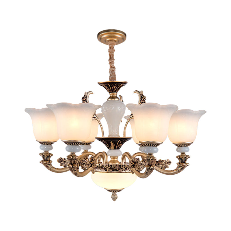 Metallic Gold Hanging Chandelier Swooping Arm 6/8/10 Heads Antiqued Style Ceiling Pendant with Floral Shade Clearhalo 'Ceiling Lights' 'Chandeliers' Lighting' options 1220786