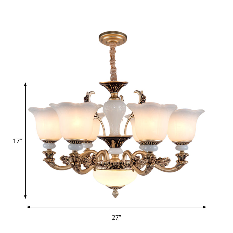 Metallic Gold Hanging Chandelier Swooping Arm 6/8/10 Heads Antiqued Style Ceiling Pendant with Floral Shade Clearhalo 'Ceiling Lights' 'Chandeliers' Lighting' options 1220787