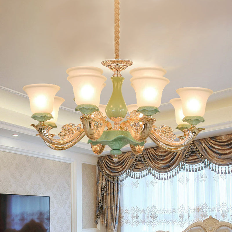 8/12 Lights Flared Shade Suspension Pendant Traditional Style Green Opal Glass Chandelier Lighting Clearhalo 'Ceiling Lights' 'Chandeliers' Lighting' options 1220789