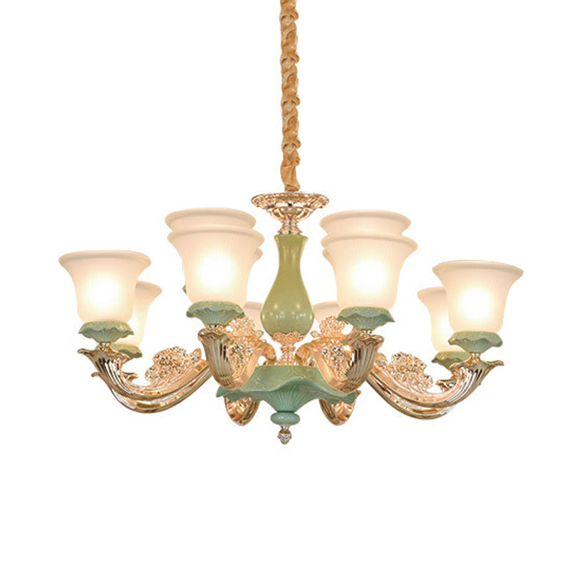 8/12 Lights Flared Shade Suspension Pendant Traditional Style Green Opal Glass Chandelier Lighting Clearhalo 'Ceiling Lights' 'Chandeliers' Lighting' options 1220790