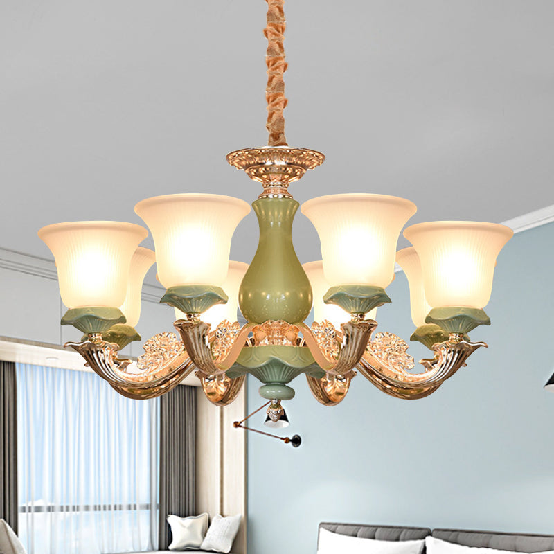 8/12 Lights Flared Shade Suspension Pendant Traditional Style Green Opal Glass Chandelier Lighting Clearhalo 'Ceiling Lights' 'Chandeliers' Lighting' options 1220792