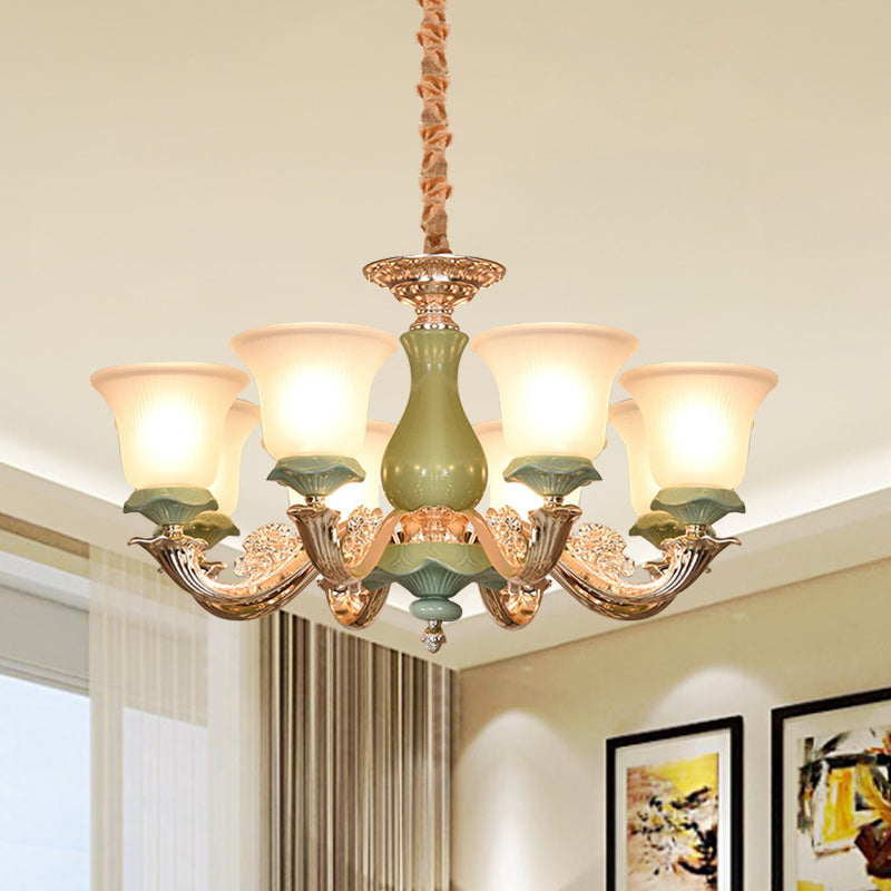 8/12 Lights Flared Shade Suspension Pendant Traditional Style Green Opal Glass Chandelier Lighting Clearhalo 'Ceiling Lights' 'Chandeliers' Lighting' options 1220793