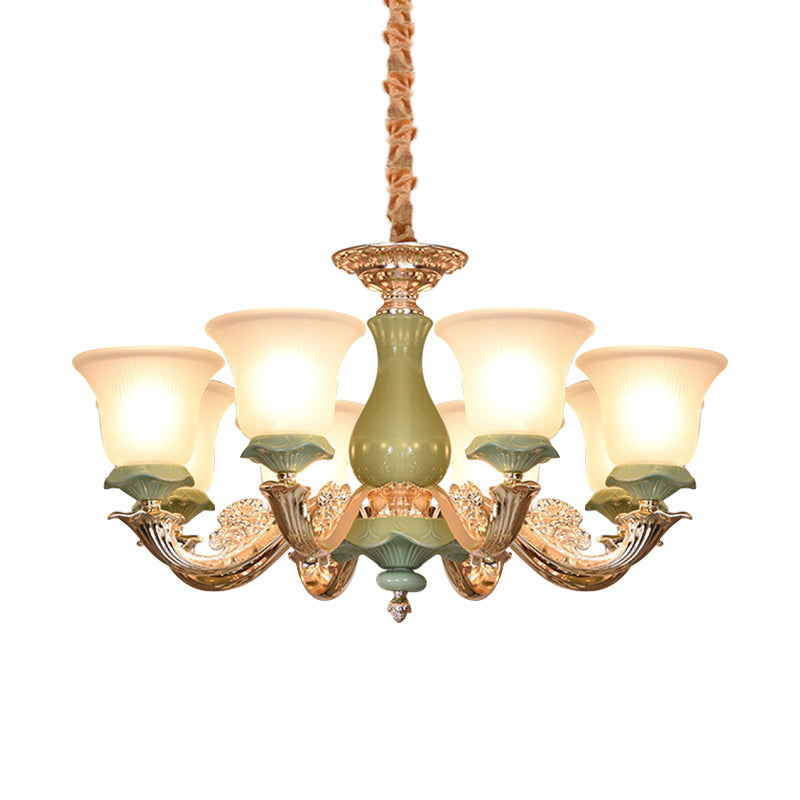 8/12 Lights Flared Shade Suspension Pendant Traditional Style Green Opal Glass Chandelier Lighting Clearhalo 'Ceiling Lights' 'Chandeliers' Lighting' options 1220794