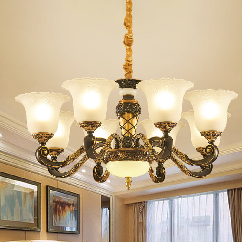 Blossom Frosted Glass Pendant Chandelier Vintage Style 6/8 Bulbs Guest Room Suspended Lighting Fixture in Black-Gold 8 Black-Gold Clearhalo 'Ceiling Lights' 'Chandeliers' Lighting' options 1220797_cf5230b4-30cd-4553-b5ab-75eb92787d6d