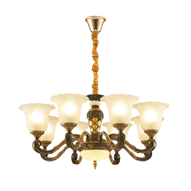 Blossom Frosted Glass Pendant Chandelier Vintage Style 6/8 Bulbs Guest Room Suspended Lighting Fixture in Black-Gold Clearhalo 'Ceiling Lights' 'Chandeliers' Lighting' options 1220799