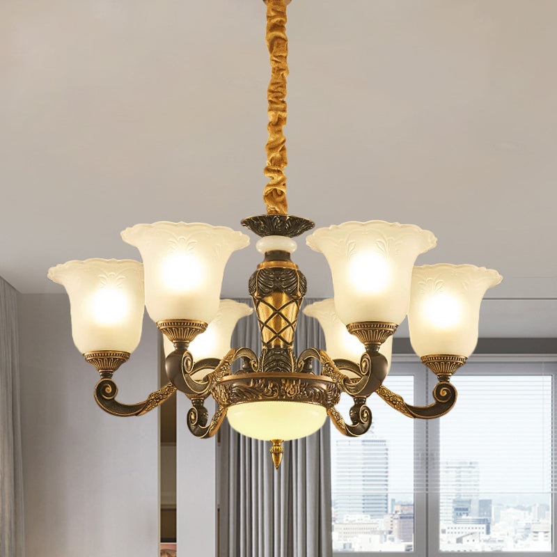 Blossom Frosted Glass Pendant Chandelier Vintage Style 6/8 Bulbs Guest Room Suspended Lighting Fixture in Black-Gold Clearhalo 'Ceiling Lights' 'Chandeliers' Lighting' options 1220801