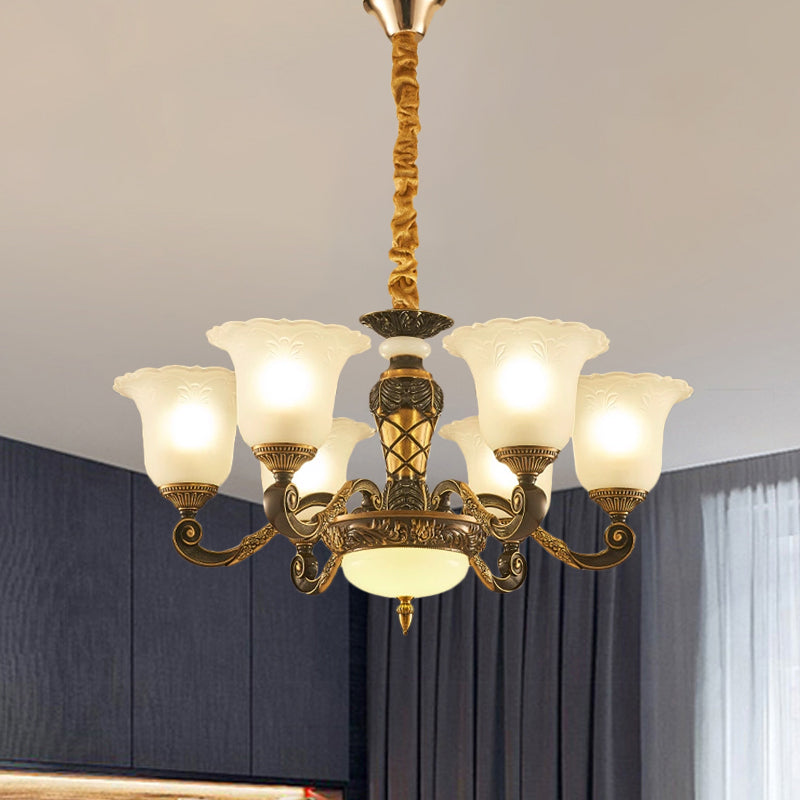 Blossom Frosted Glass Pendant Chandelier Vintage Style 6/8 Bulbs Guest Room Suspended Lighting Fixture in Black-Gold Clearhalo 'Ceiling Lights' 'Chandeliers' Lighting' options 1220802