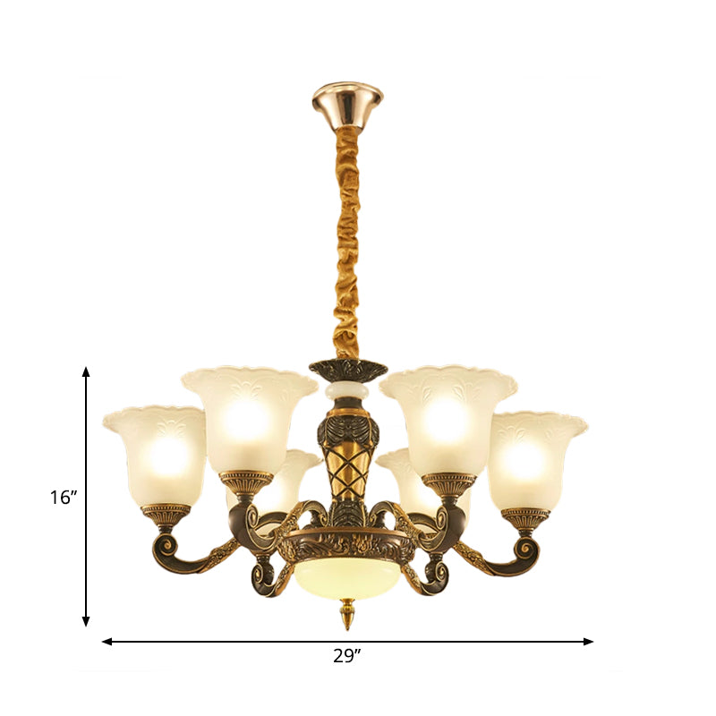 Blossom Frosted Glass Pendant Chandelier Vintage Style 6/8 Bulbs Guest Room Suspended Lighting Fixture in Black-Gold Clearhalo 'Ceiling Lights' 'Chandeliers' Lighting' options 1220805