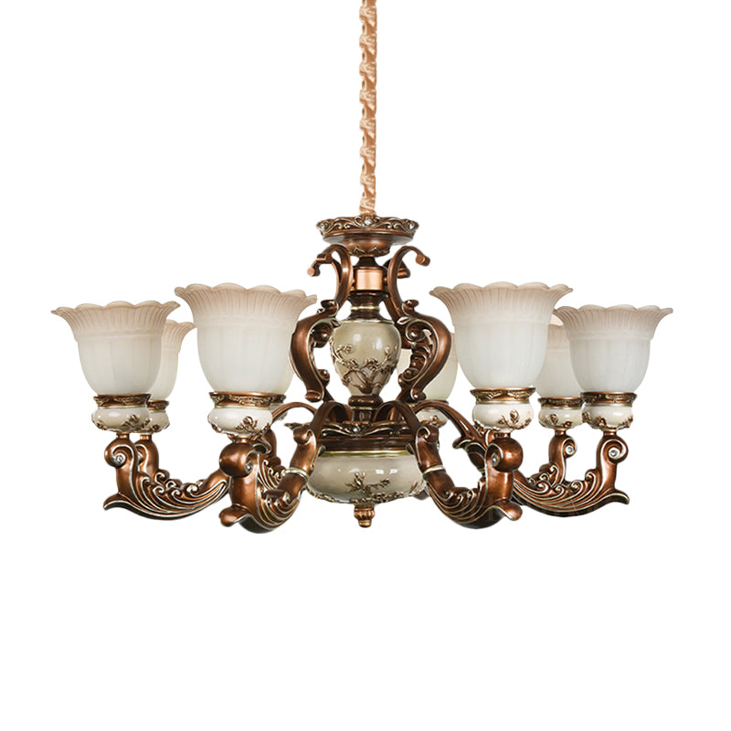 Brown 6/8 Heads Ceiling Chandelier Traditional Style Milky Glass Flower Shaped Hanging Pendant Clearhalo 'Ceiling Lights' 'Chandeliers' Lighting' options 1220808