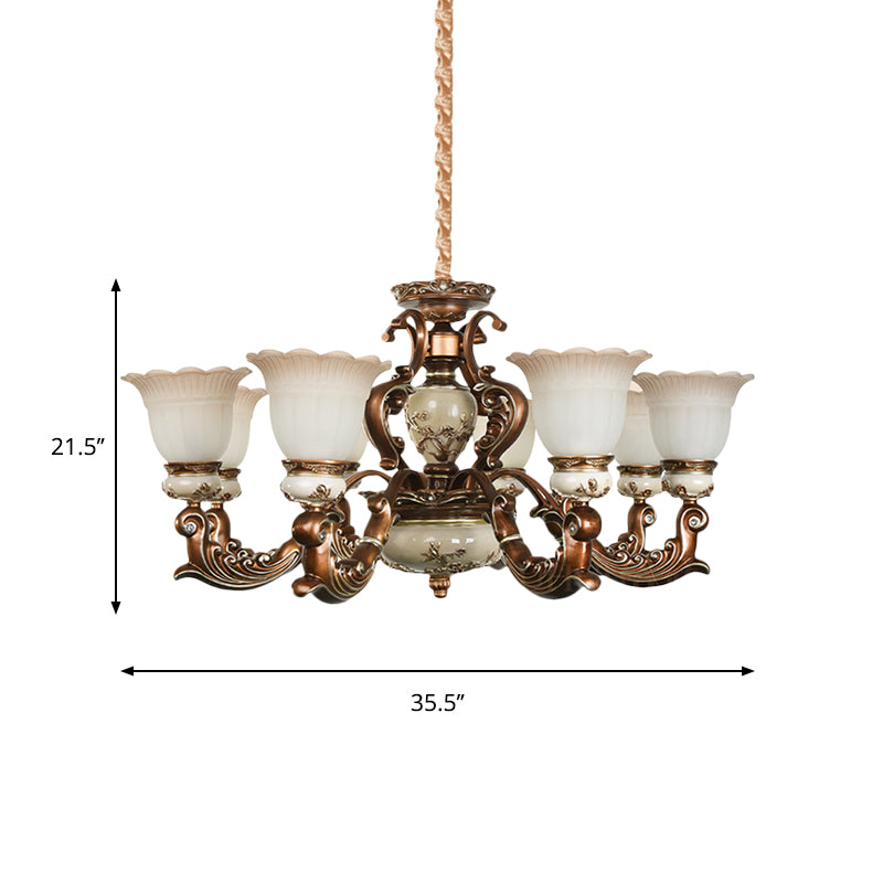 Brown 6/8 Heads Ceiling Chandelier Traditional Style Milky Glass Flower Shaped Hanging Pendant Clearhalo 'Ceiling Lights' 'Chandeliers' Lighting' options 1220809