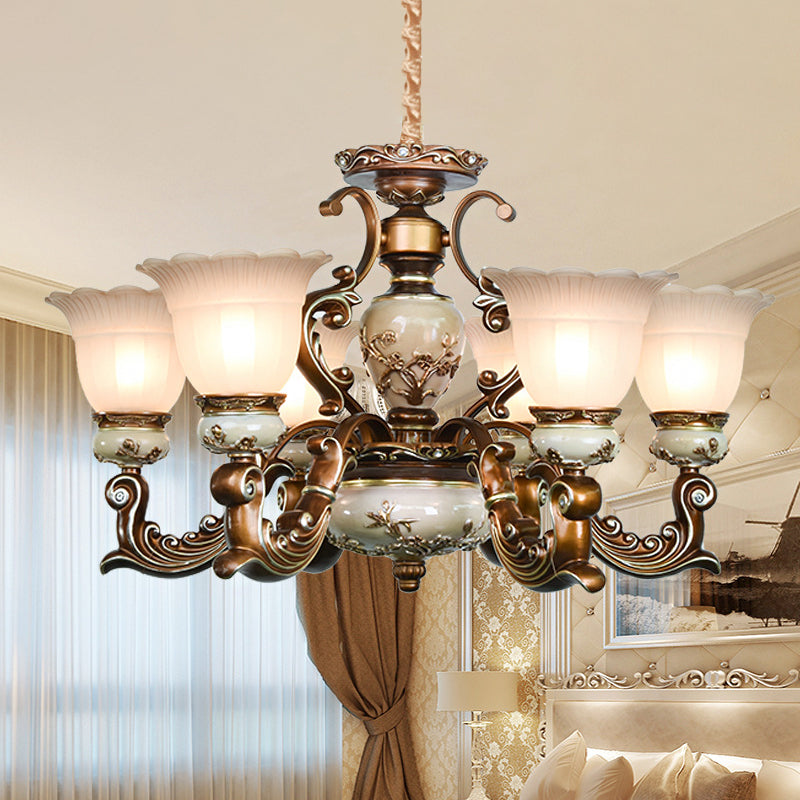 Brown 6/8 Heads Ceiling Chandelier Traditional Style Milky Glass Flower Shaped Hanging Pendant Clearhalo 'Ceiling Lights' 'Chandeliers' Lighting' options 1220810