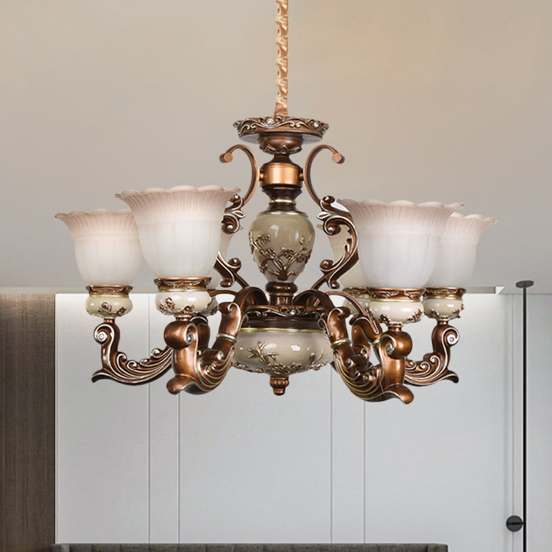 Brown 6/8 Heads Ceiling Chandelier Traditional Style Milky Glass Flower Shaped Hanging Pendant Clearhalo 'Ceiling Lights' 'Chandeliers' Lighting' options 1220811