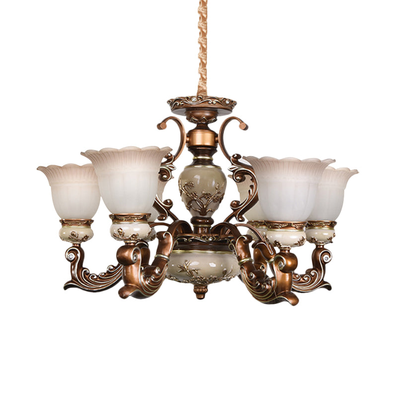 Brown 6/8 Heads Ceiling Chandelier Traditional Style Milky Glass Flower Shaped Hanging Pendant Clearhalo 'Ceiling Lights' 'Chandeliers' Lighting' options 1220812