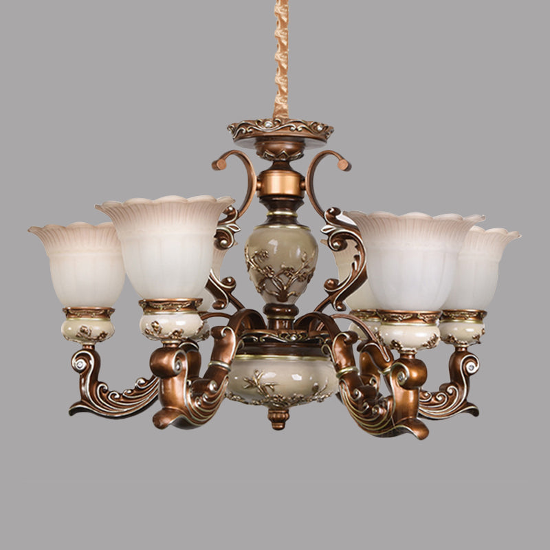 Brown 6/8 Heads Ceiling Chandelier Traditional Style Milky Glass Flower Shaped Hanging Pendant Clearhalo 'Ceiling Lights' 'Chandeliers' Lighting' options 1220813