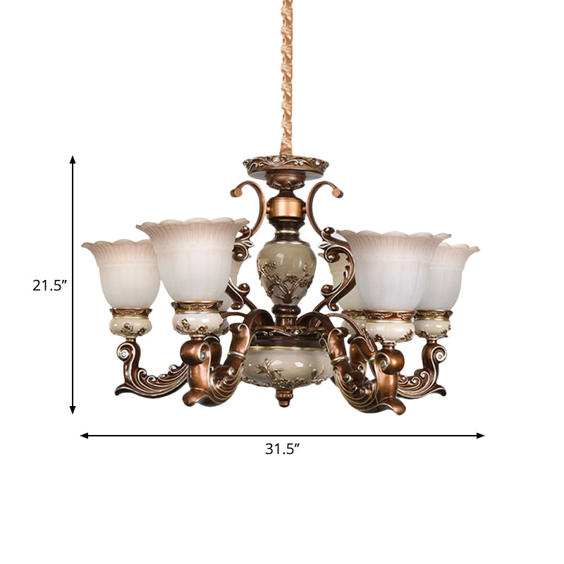 Brown 6/8 Heads Ceiling Chandelier Traditional Style Milky Glass Flower Shaped Hanging Pendant Clearhalo 'Ceiling Lights' 'Chandeliers' Lighting' options 1220814