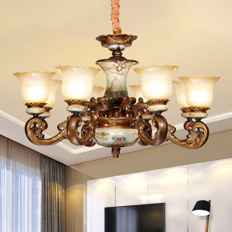 Traditional Floral Shade Chandelier Light 6/8 Lights Cream Glass Suspended Lighting Fixture in Brown 8 Brown Clearhalo 'Ceiling Lights' 'Chandeliers' Lighting' options 1220819_ebeb037f-a613-46b7-a1dc-c8ff5f8e432f