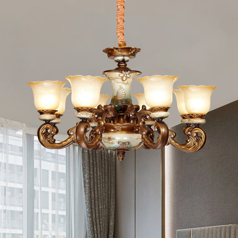 Traditional Floral Shade Chandelier Light 6/8 Lights Cream Glass Suspended Lighting Fixture in Brown Clearhalo 'Ceiling Lights' 'Chandeliers' Lighting' options 1220820