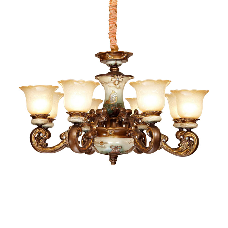 Traditional Floral Shade Chandelier Light 6/8 Lights Cream Glass Suspended Lighting Fixture in Brown Clearhalo 'Ceiling Lights' 'Chandeliers' Lighting' options 1220821