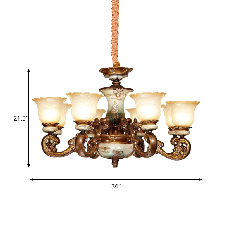 Traditional Floral Shade Chandelier Light 6/8 Lights Cream Glass Suspended Lighting Fixture in Brown Clearhalo 'Ceiling Lights' 'Chandeliers' Lighting' options 1220822