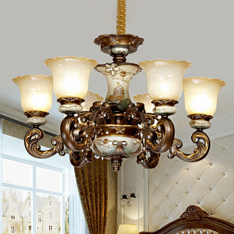 Traditional Floral Shade Chandelier Light 6/8 Lights Cream Glass Suspended Lighting Fixture in Brown 6 Brown Clearhalo 'Ceiling Lights' 'Chandeliers' Lighting' options 1220823_95737375-08e1-4ba4-b00e-d60edaf95900