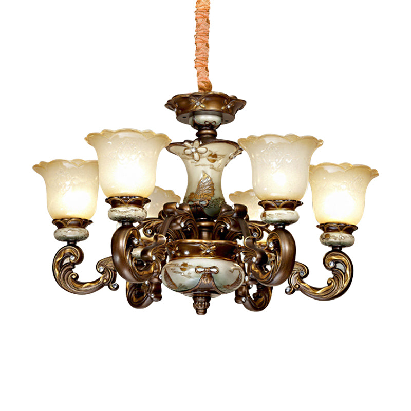 Traditional Floral Shade Chandelier Light 6/8 Lights Cream Glass Suspended Lighting Fixture in Brown Clearhalo 'Ceiling Lights' 'Chandeliers' Lighting' options 1220825