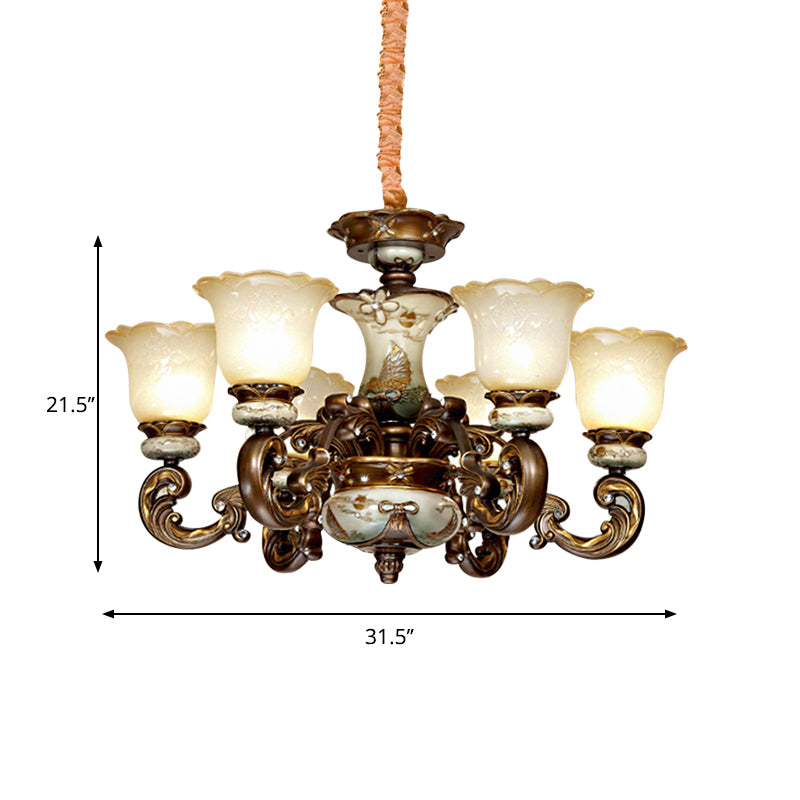 Traditional Floral Shade Chandelier Light 6/8 Lights Cream Glass Suspended Lighting Fixture in Brown Clearhalo 'Ceiling Lights' 'Chandeliers' Lighting' options 1220827