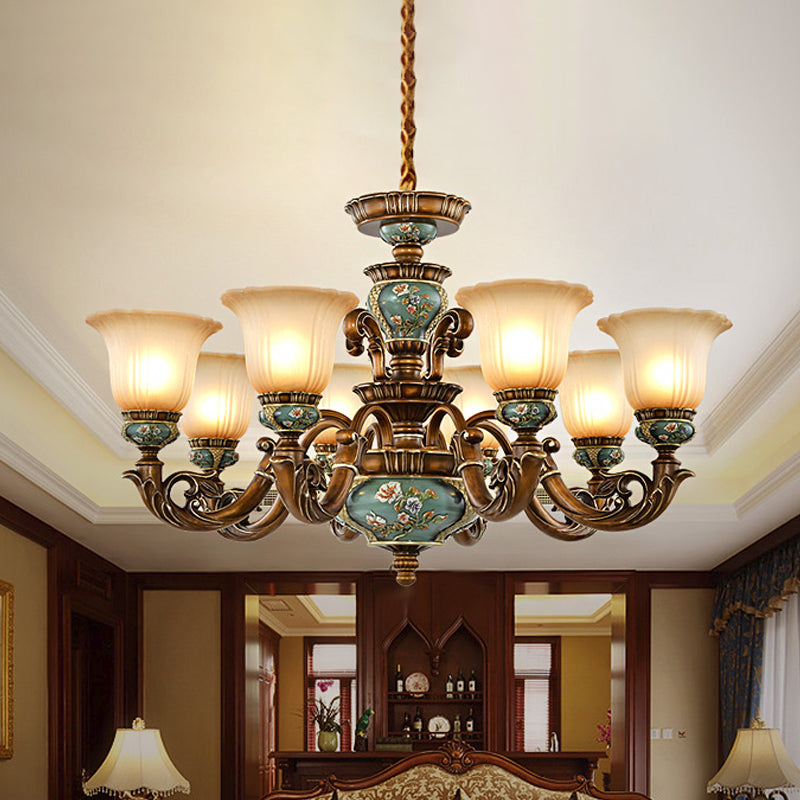 6/8-Bulb Suspension Pendant Light Antique Style Blossom Shaped Opal Glass Chandelier Light Fixture in Brown 8 Brown Clearhalo 'Ceiling Lights' 'Chandeliers' Lighting' options 1220832_0eaac671-b360-4433-a45e-469bfad91dbe