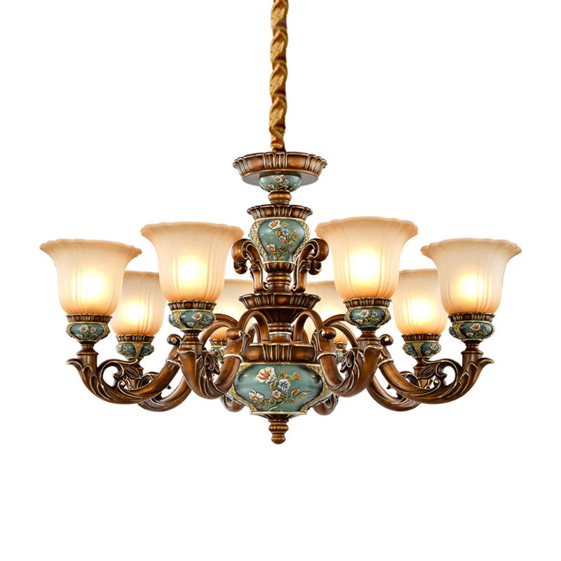 6/8-Bulb Suspension Pendant Light Antique Style Blossom Shaped Opal Glass Chandelier Light Fixture in Brown Clearhalo 'Ceiling Lights' 'Chandeliers' Lighting' options 1220834